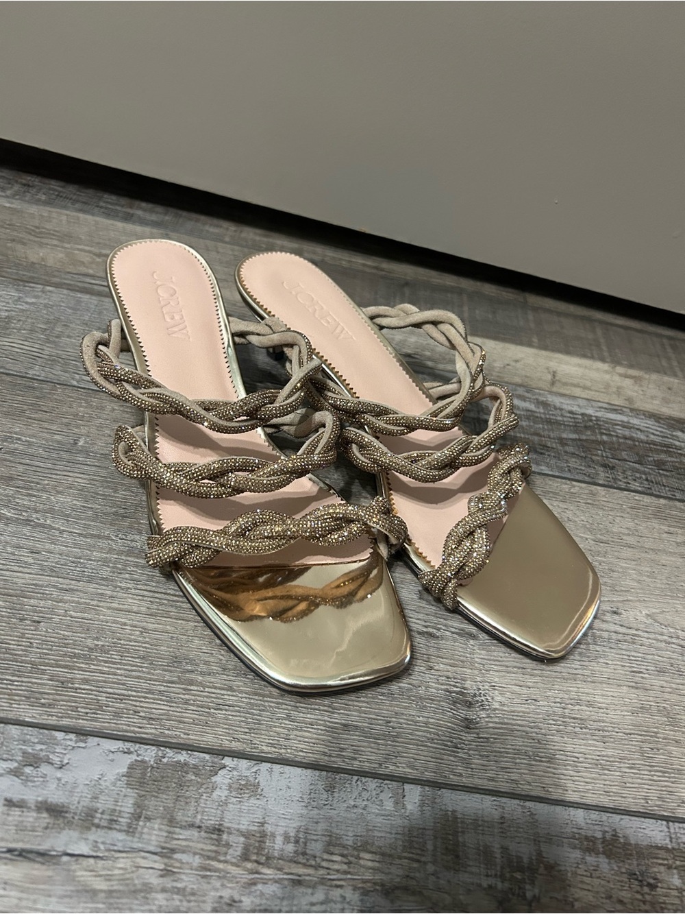 J. Crew Zadie Metallic Gold strappy Braided Strap Square-Toe Mule Kitten Heel